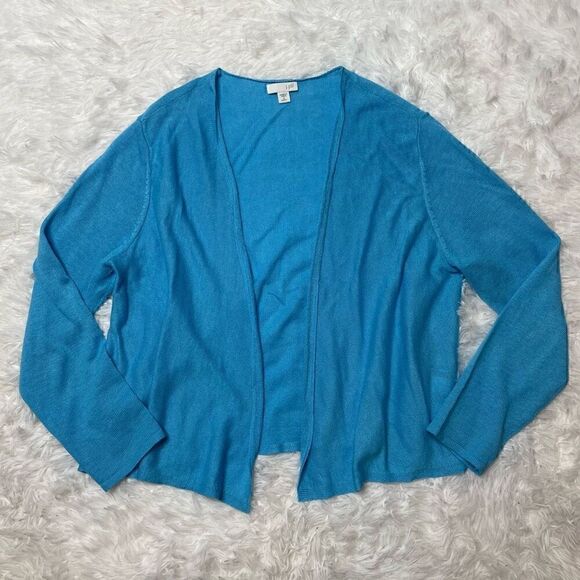 J JILL Cardigan Sweater Size Small Blue Linen Cotton Blend Open Front - Picture 2 of 8